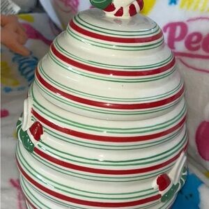 Festive Christmas Bees 🐝 Striped Ceramic Jar